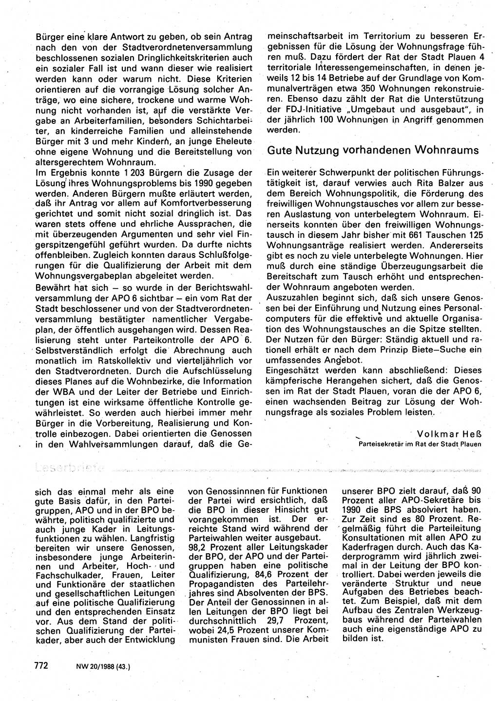 Neuer Weg (NW), Organ des Zentralkomitees (ZK) der SED (Sozialistische Einheitspartei Deutschlands) für Fragen des Parteilebens, 43. Jahrgang [Deutsche Demokratische Republik (DDR)] 1988, Seite 772 (NW ZK SED DDR 1988, S. 772)