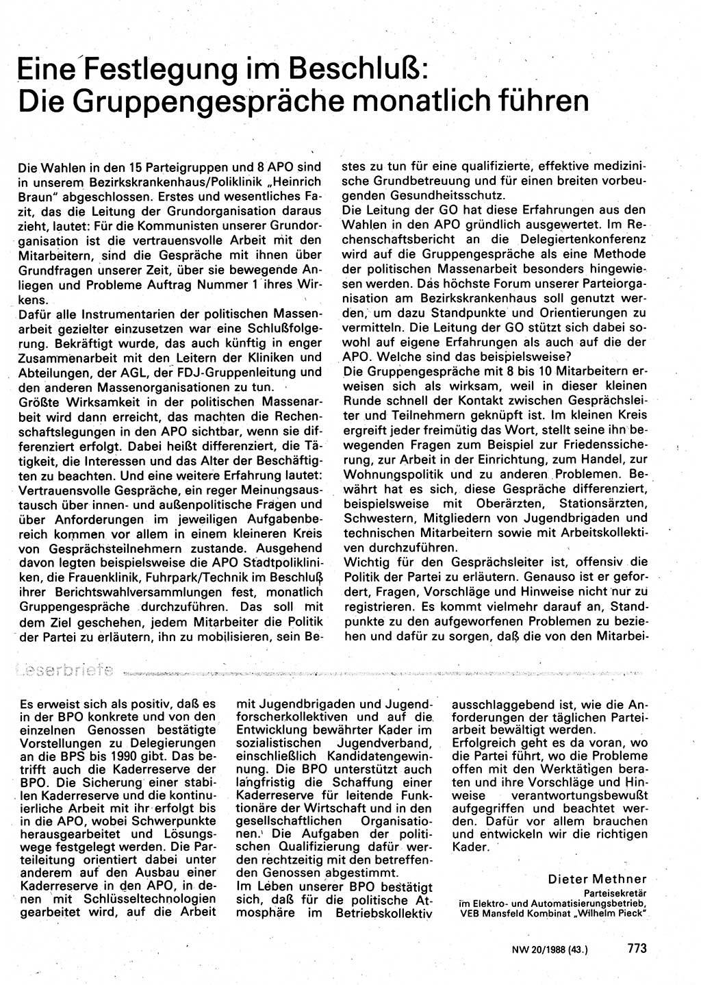 Neuer Weg (NW), Organ des Zentralkomitees (ZK) der SED (Sozialistische Einheitspartei Deutschlands) für Fragen des Parteilebens, 43. Jahrgang [Deutsche Demokratische Republik (DDR)] 1988, Seite 773 (NW ZK SED DDR 1988, S. 773)