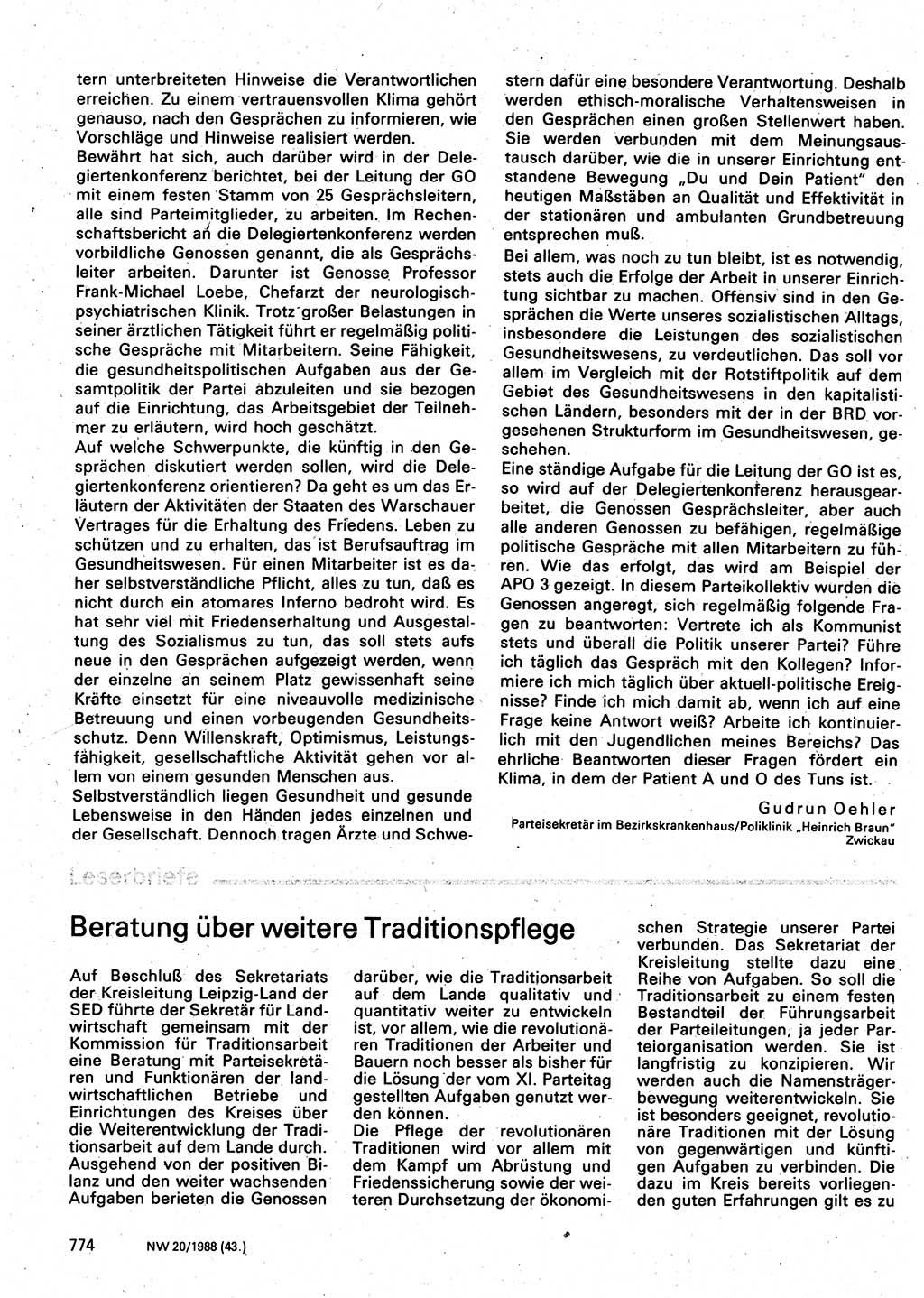 Neuer Weg (NW), Organ des Zentralkomitees (ZK) der SED (Sozialistische Einheitspartei Deutschlands) für Fragen des Parteilebens, 43. Jahrgang [Deutsche Demokratische Republik (DDR)] 1988, Seite 774 (NW ZK SED DDR 1988, S. 774)
