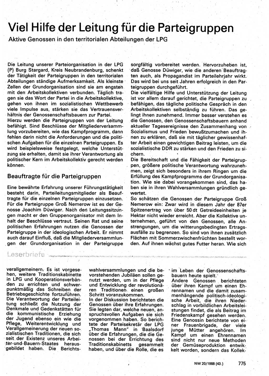 Neuer Weg (NW), Organ des Zentralkomitees (ZK) der SED (Sozialistische Einheitspartei Deutschlands) für Fragen des Parteilebens, 43. Jahrgang [Deutsche Demokratische Republik (DDR)] 1988, Seite 775 (NW ZK SED DDR 1988, S. 775)