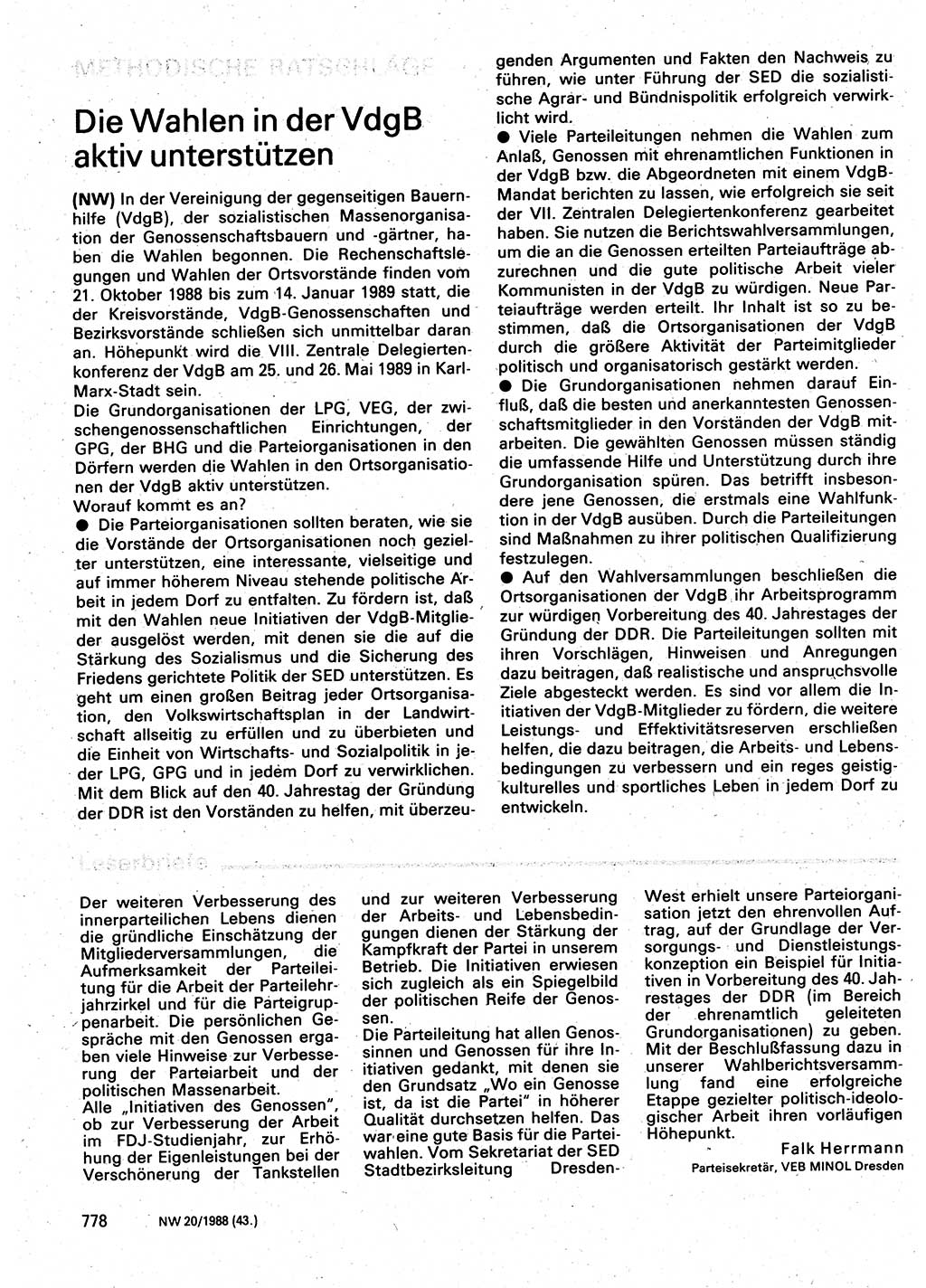 Neuer Weg (NW), Organ des Zentralkomitees (ZK) der SED (Sozialistische Einheitspartei Deutschlands) für Fragen des Parteilebens, 43. Jahrgang [Deutsche Demokratische Republik (DDR)] 1988, Seite 778 (NW ZK SED DDR 1988, S. 778)