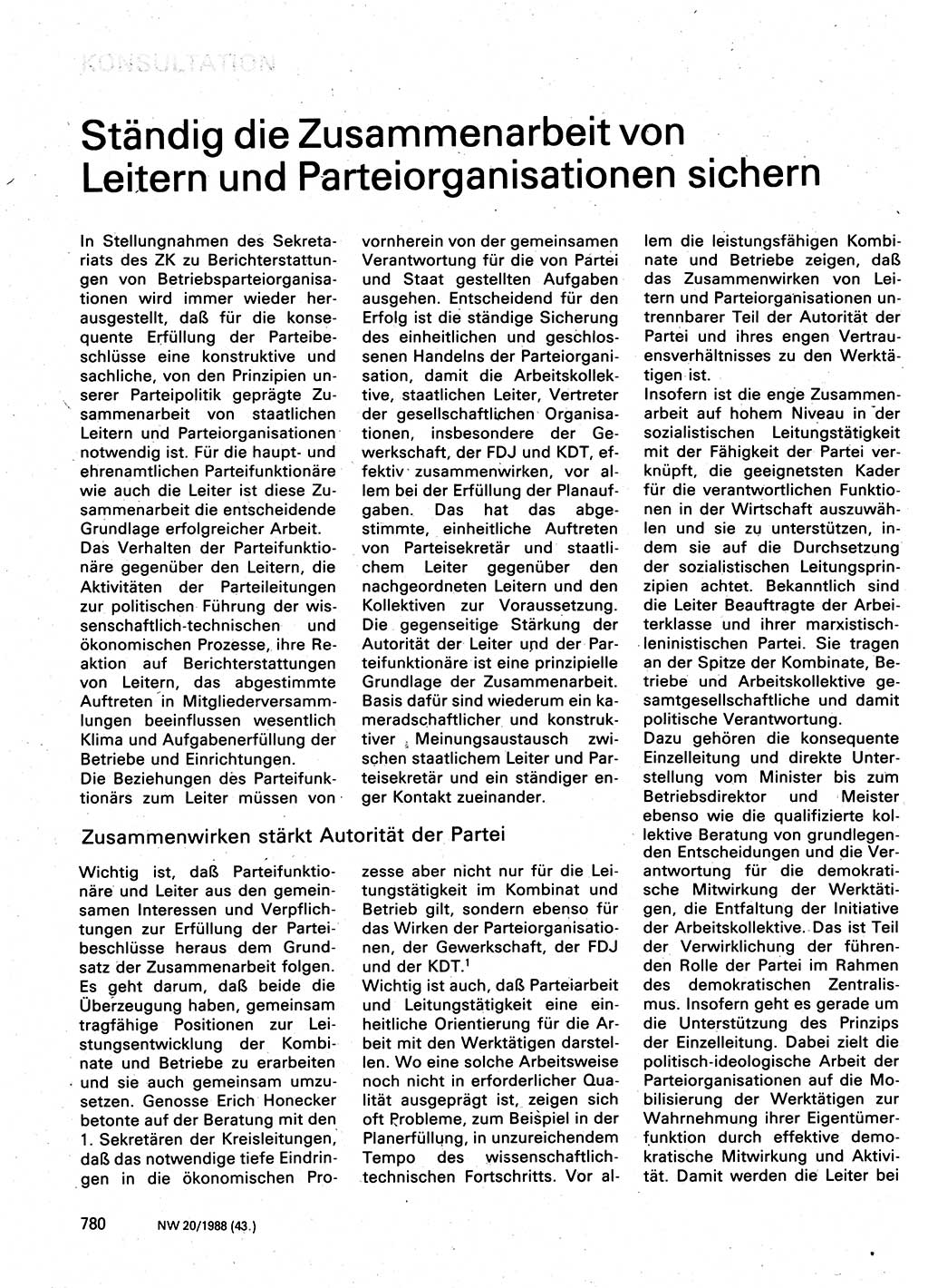 Neuer Weg (NW), Organ des Zentralkomitees (ZK) der SED (Sozialistische Einheitspartei Deutschlands) für Fragen des Parteilebens, 43. Jahrgang [Deutsche Demokratische Republik (DDR)] 1988, Seite 780 (NW ZK SED DDR 1988, S. 780)