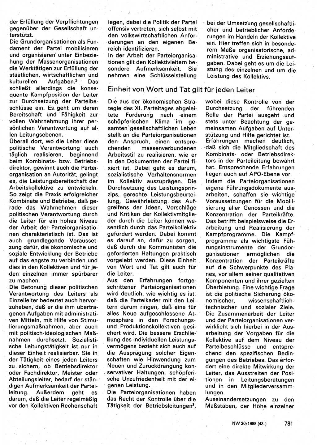 Neuer Weg (NW), Organ des Zentralkomitees (ZK) der SED (Sozialistische Einheitspartei Deutschlands) für Fragen des Parteilebens, 43. Jahrgang [Deutsche Demokratische Republik (DDR)] 1988, Seite 781 (NW ZK SED DDR 1988, S. 781)