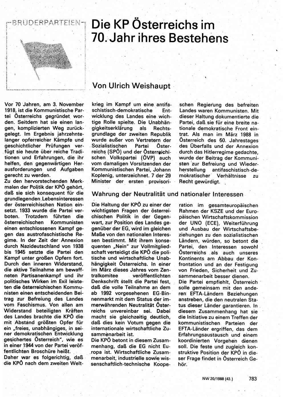 Neuer Weg (NW), Organ des Zentralkomitees (ZK) der SED (Sozialistische Einheitspartei Deutschlands) für Fragen des Parteilebens, 43. Jahrgang [Deutsche Demokratische Republik (DDR)] 1988, Seite 783 (NW ZK SED DDR 1988, S. 783)