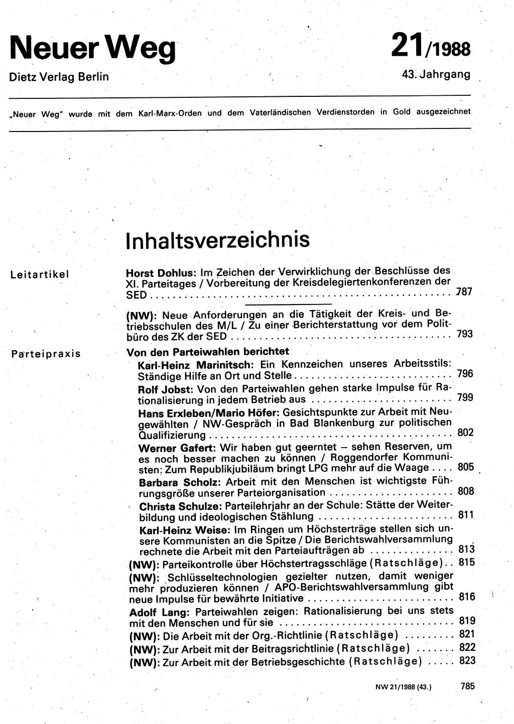 Neuer Weg (NW), Organ des Zentralkomitees (ZK) der SED (Sozialistische Einheitspartei Deutschlands) für Fragen des Parteilebens, 43. Jahrgang [Deutsche Demokratische Republik (DDR)] 1988, Seite 785 (NW ZK SED DDR 1988, S. 785)