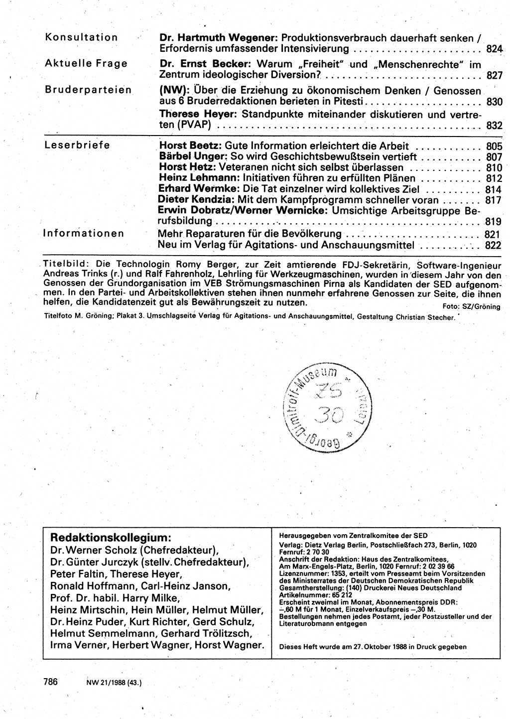 Neuer Weg (NW), Organ des Zentralkomitees (ZK) der SED (Sozialistische Einheitspartei Deutschlands) für Fragen des Parteilebens, 43. Jahrgang [Deutsche Demokratische Republik (DDR)] 1988, Seite 786 (NW ZK SED DDR 1988, S. 786)