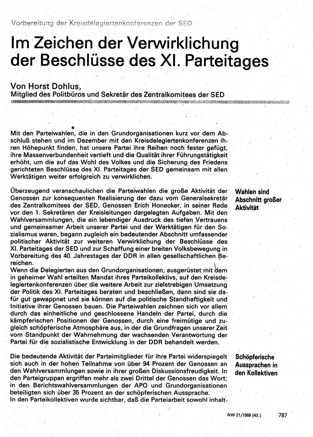 Neuer Weg (NW), Organ des Zentralkomitees (ZK) der SED (Sozialistische Einheitspartei Deutschlands) für Fragen des Parteilebens, 43. Jahrgang [Deutsche Demokratische Republik (DDR)] 1988, Seite 787 (NW ZK SED DDR 1988, S. 787)