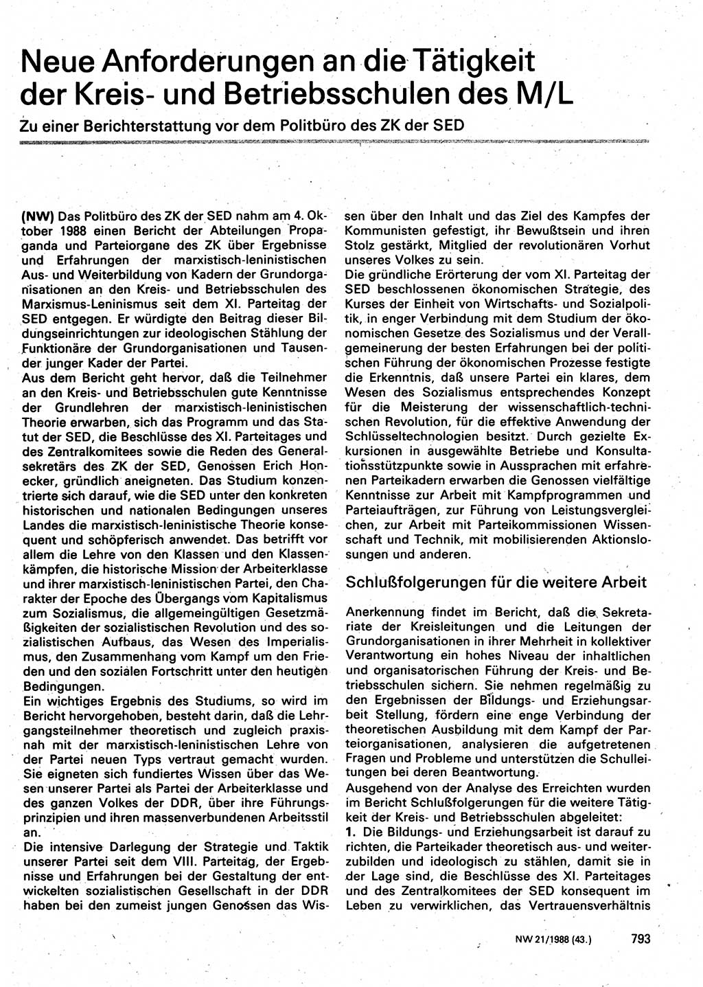 Neuer Weg (NW), Organ des Zentralkomitees (ZK) der SED (Sozialistische Einheitspartei Deutschlands) für Fragen des Parteilebens, 43. Jahrgang [Deutsche Demokratische Republik (DDR)] 1988, Seite 793 (NW ZK SED DDR 1988, S. 793)