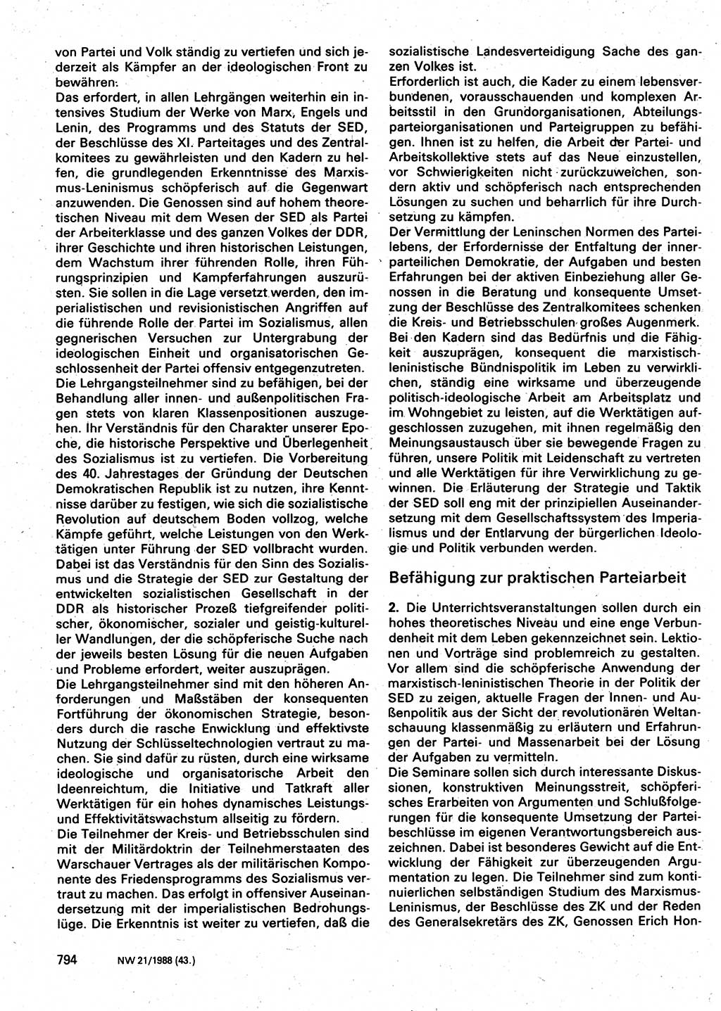 Neuer Weg (NW), Organ des Zentralkomitees (ZK) der SED (Sozialistische Einheitspartei Deutschlands) für Fragen des Parteilebens, 43. Jahrgang [Deutsche Demokratische Republik (DDR)] 1988, Seite 794 (NW ZK SED DDR 1988, S. 794)