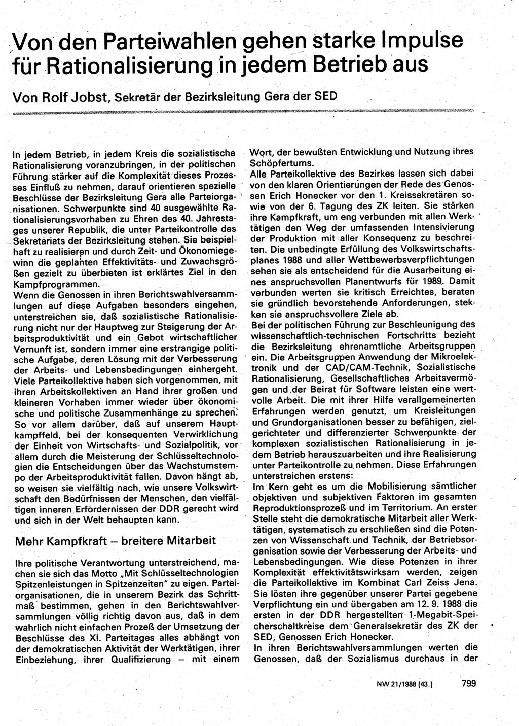 Neuer Weg (NW), Organ des Zentralkomitees (ZK) der SED (Sozialistische Einheitspartei Deutschlands) für Fragen des Parteilebens, 43. Jahrgang [Deutsche Demokratische Republik (DDR)] 1988, Seite 799 (NW ZK SED DDR 1988, S. 799)