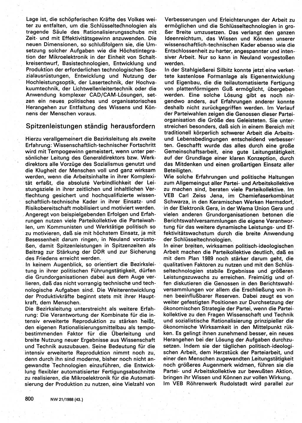 Neuer Weg (NW), Organ des Zentralkomitees (ZK) der SED (Sozialistische Einheitspartei Deutschlands) für Fragen des Parteilebens, 43. Jahrgang [Deutsche Demokratische Republik (DDR)] 1988, Seite 800 (NW ZK SED DDR 1988, S. 800)