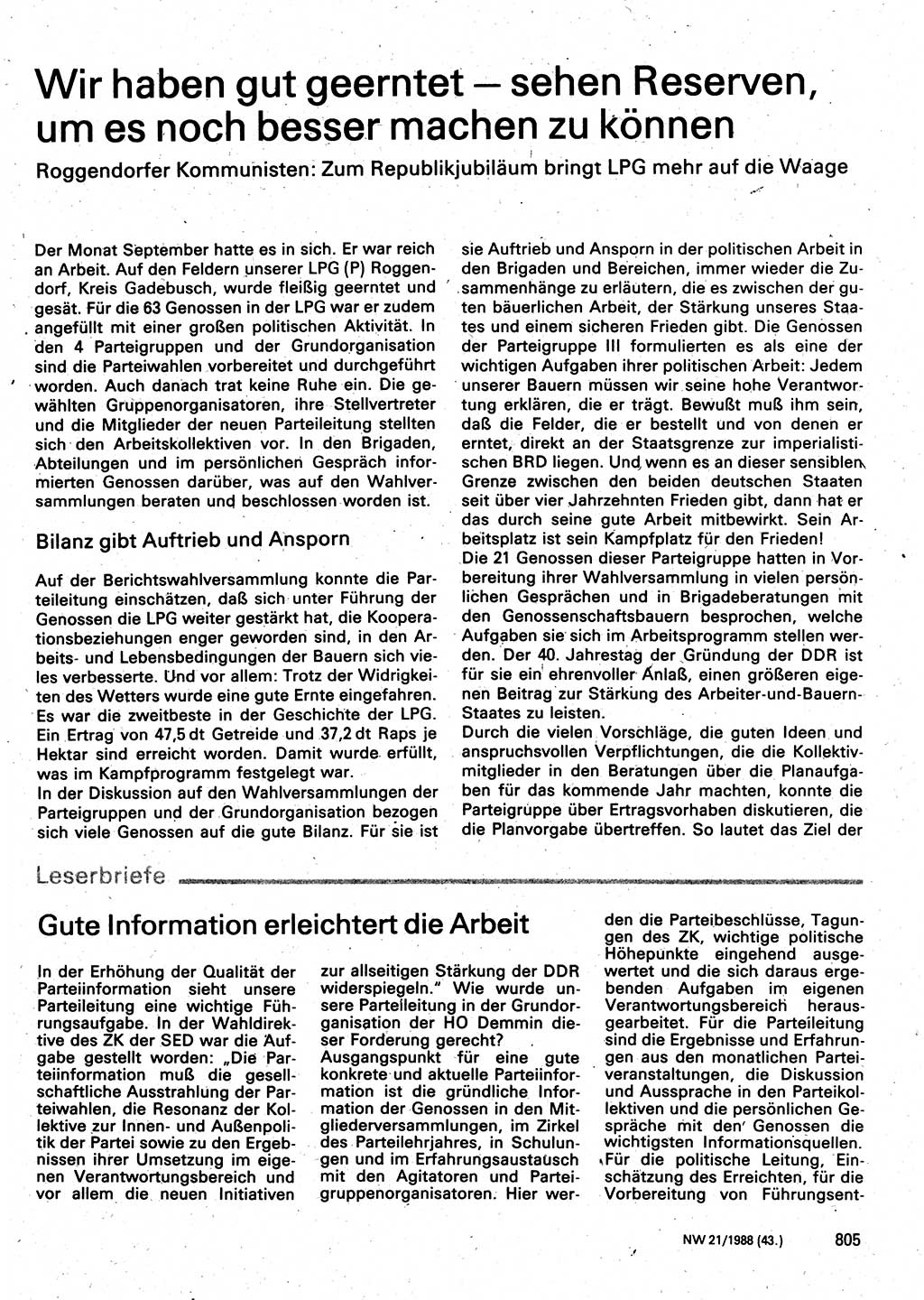 Neuer Weg (NW), Organ des Zentralkomitees (ZK) der SED (Sozialistische Einheitspartei Deutschlands) für Fragen des Parteilebens, 43. Jahrgang [Deutsche Demokratische Republik (DDR)] 1988, Seite 805 (NW ZK SED DDR 1988, S. 805)