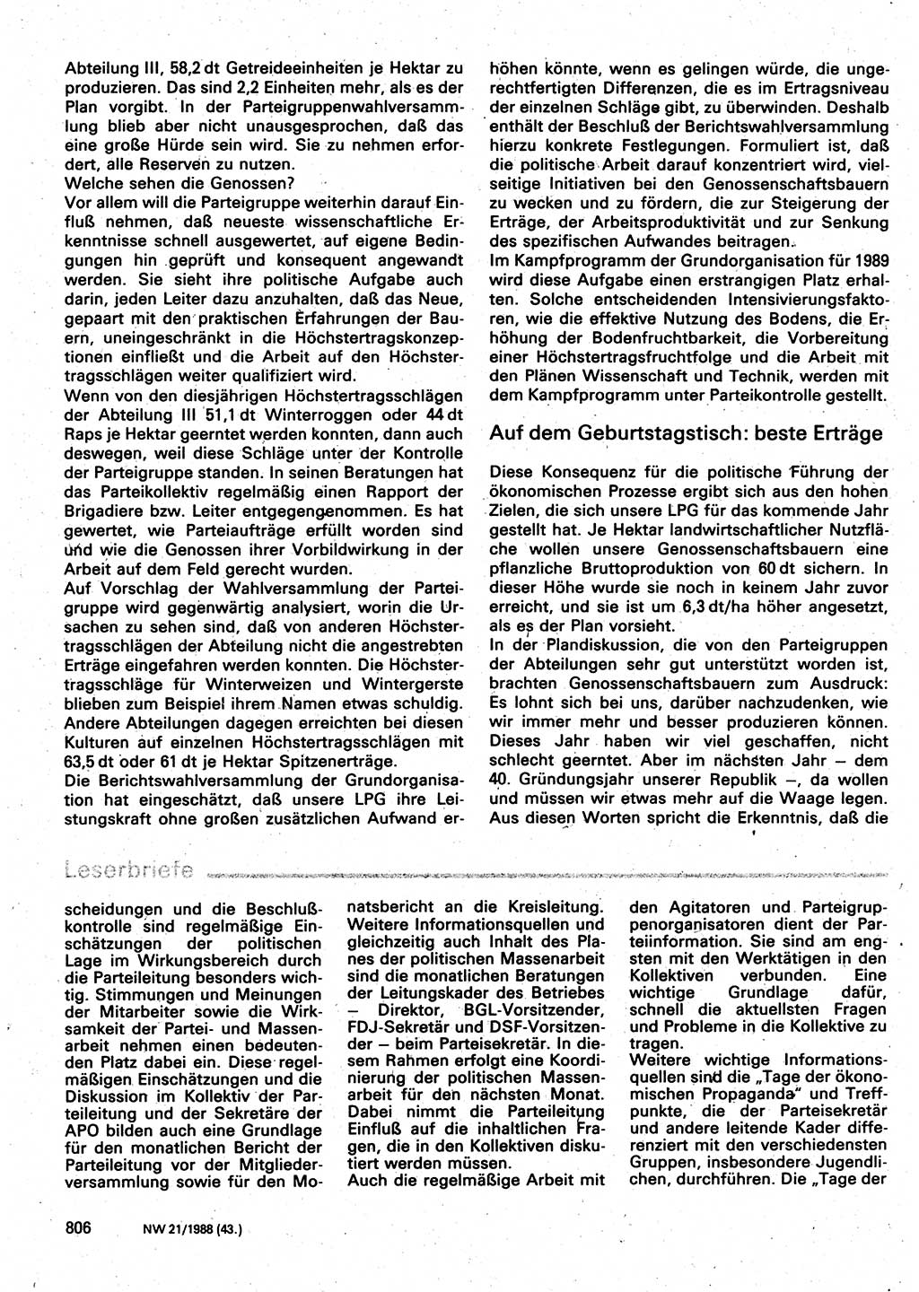 Neuer Weg (NW), Organ des Zentralkomitees (ZK) der SED (Sozialistische Einheitspartei Deutschlands) für Fragen des Parteilebens, 43. Jahrgang [Deutsche Demokratische Republik (DDR)] 1988, Seite 806 (NW ZK SED DDR 1988, S. 806)