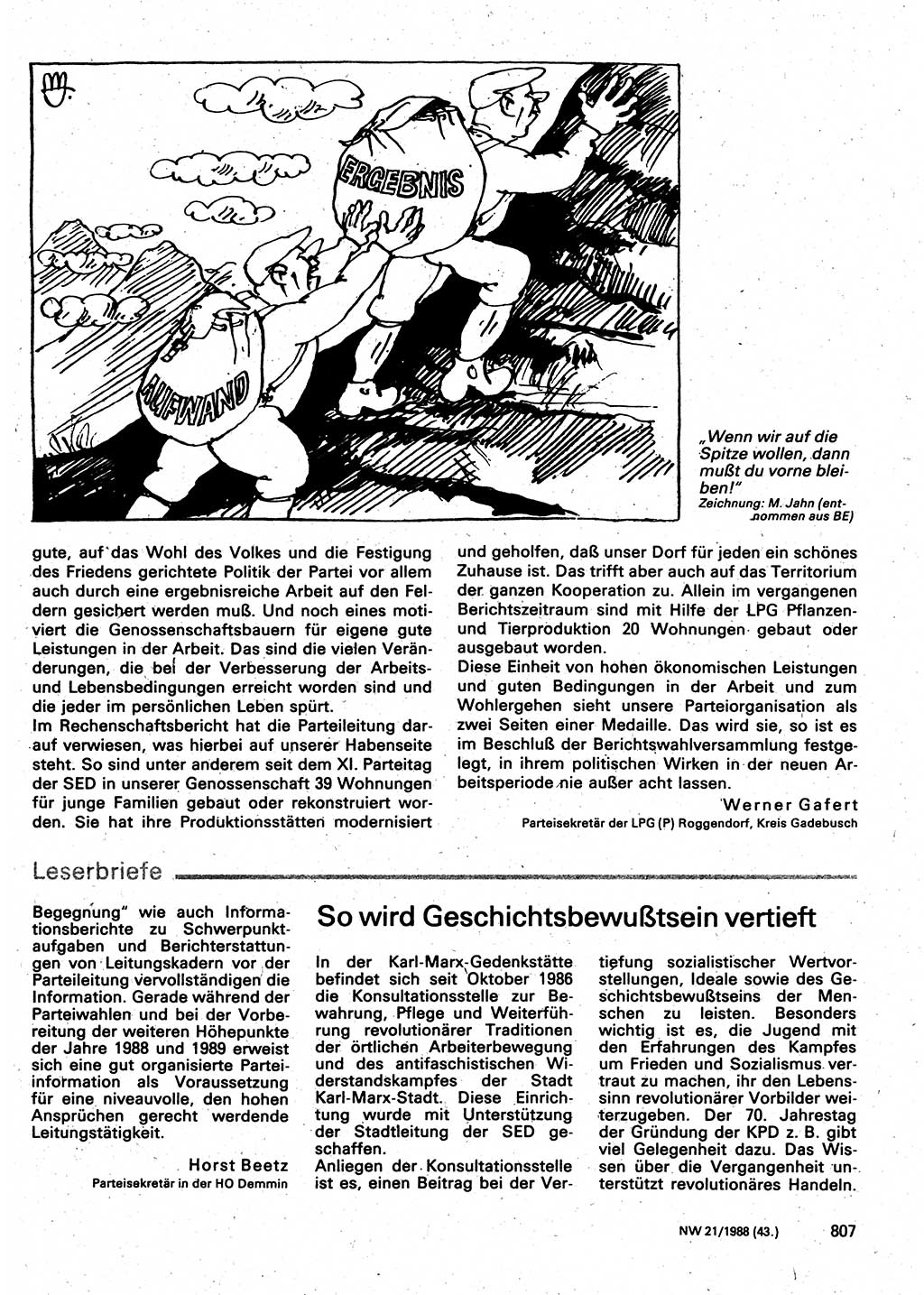Neuer Weg (NW), Organ des Zentralkomitees (ZK) der SED (Sozialistische Einheitspartei Deutschlands) für Fragen des Parteilebens, 43. Jahrgang [Deutsche Demokratische Republik (DDR)] 1988, Seite 807 (NW ZK SED DDR 1988, S. 807)