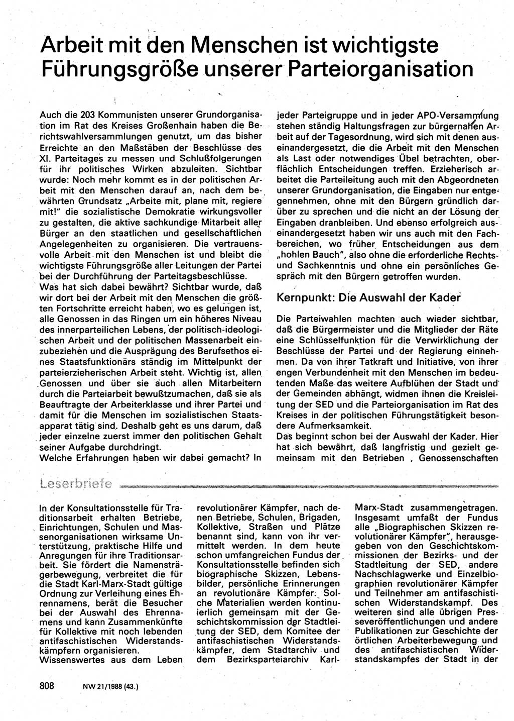 Neuer Weg (NW), Organ des Zentralkomitees (ZK) der SED (Sozialistische Einheitspartei Deutschlands) für Fragen des Parteilebens, 43. Jahrgang [Deutsche Demokratische Republik (DDR)] 1988, Seite 808 (NW ZK SED DDR 1988, S. 808)