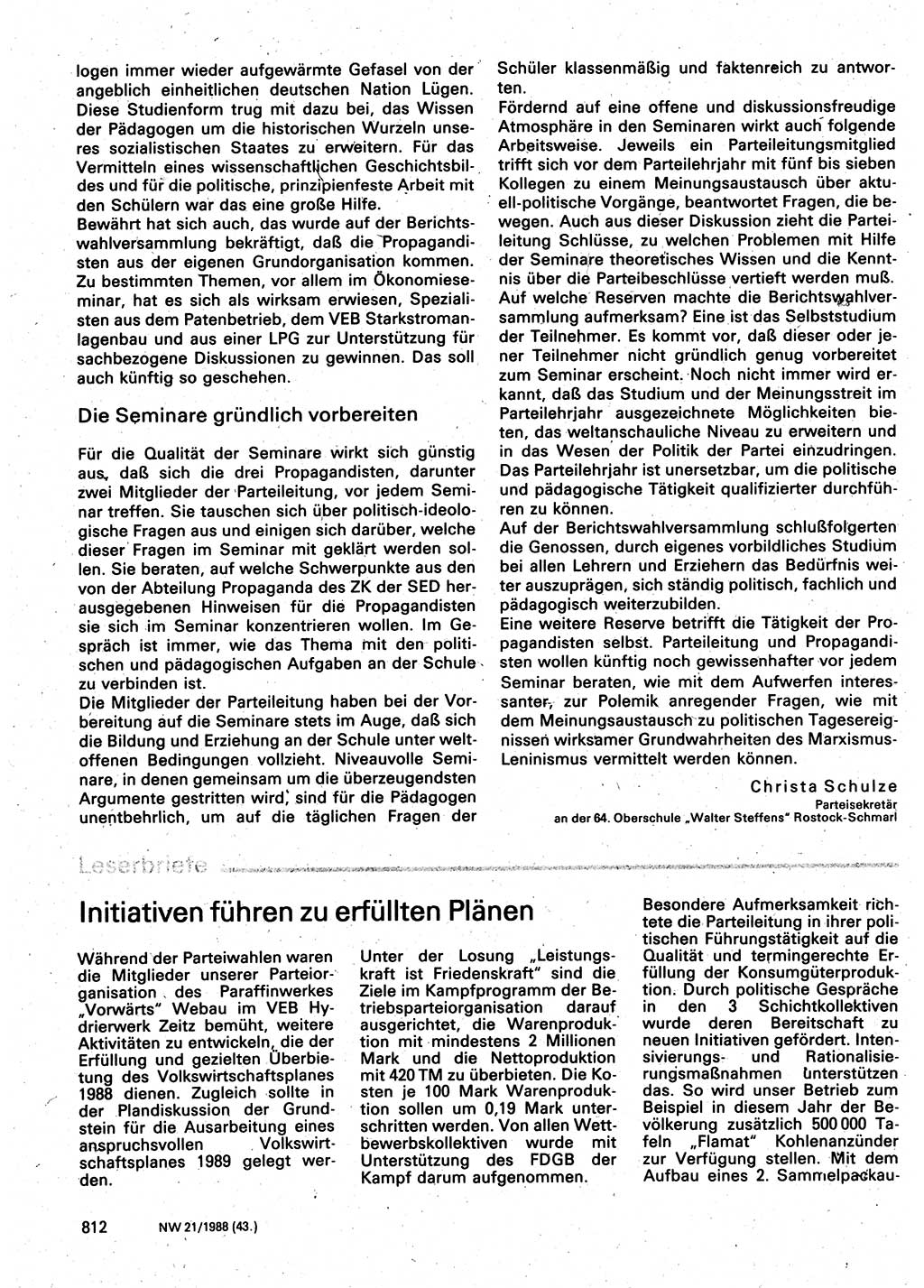 Neuer Weg (NW), Organ des Zentralkomitees (ZK) der SED (Sozialistische Einheitspartei Deutschlands) für Fragen des Parteilebens, 43. Jahrgang [Deutsche Demokratische Republik (DDR)] 1988, Seite 812 (NW ZK SED DDR 1988, S. 812)