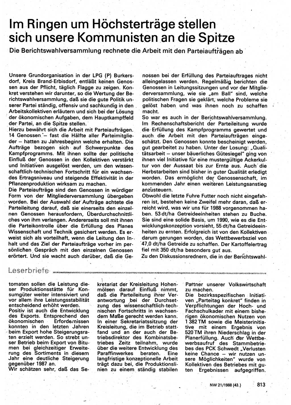 Neuer Weg (NW), Organ des Zentralkomitees (ZK) der SED (Sozialistische Einheitspartei Deutschlands) für Fragen des Parteilebens, 43. Jahrgang [Deutsche Demokratische Republik (DDR)] 1988, Seite 813 (NW ZK SED DDR 1988, S. 813)