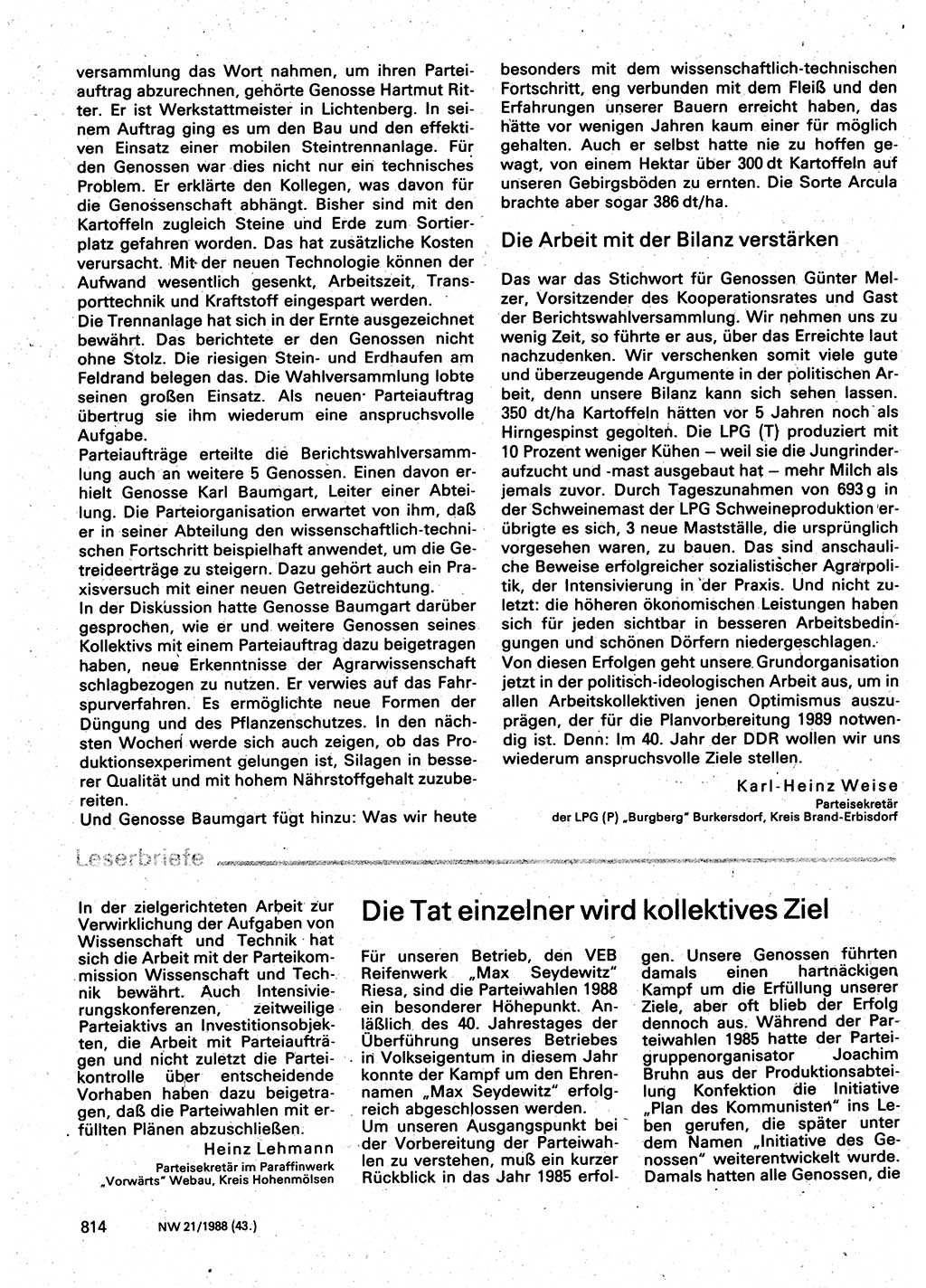 Neuer Weg (NW), Organ des Zentralkomitees (ZK) der SED (Sozialistische Einheitspartei Deutschlands) für Fragen des Parteilebens, 43. Jahrgang [Deutsche Demokratische Republik (DDR)] 1988, Seite 814 (NW ZK SED DDR 1988, S. 814)