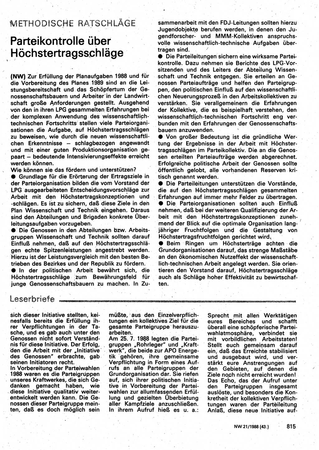 Neuer Weg (NW), Organ des Zentralkomitees (ZK) der SED (Sozialistische Einheitspartei Deutschlands) für Fragen des Parteilebens, 43. Jahrgang [Deutsche Demokratische Republik (DDR)] 1988, Seite 815 (NW ZK SED DDR 1988, S. 815)