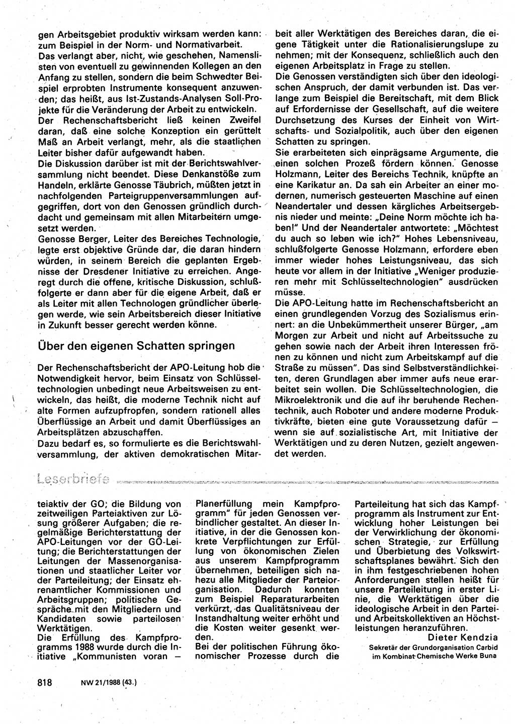 Neuer Weg (NW), Organ des Zentralkomitees (ZK) der SED (Sozialistische Einheitspartei Deutschlands) für Fragen des Parteilebens, 43. Jahrgang [Deutsche Demokratische Republik (DDR)] 1988, Seite 818 (NW ZK SED DDR 1988, S. 818)