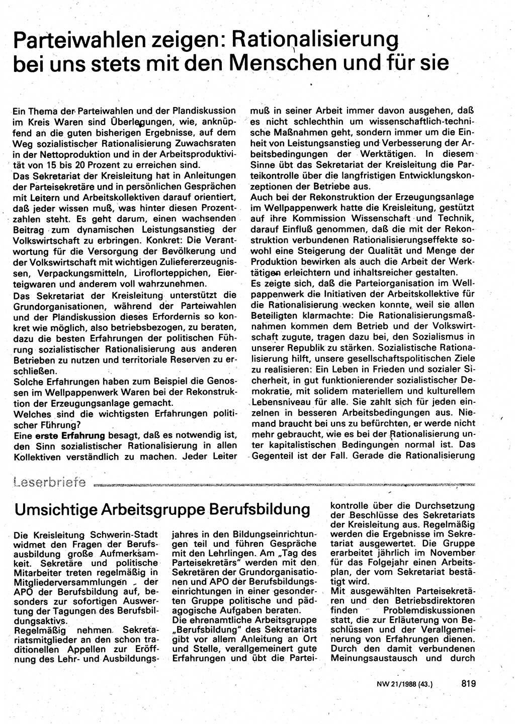 Neuer Weg (NW), Organ des Zentralkomitees (ZK) der SED (Sozialistische Einheitspartei Deutschlands) für Fragen des Parteilebens, 43. Jahrgang [Deutsche Demokratische Republik (DDR)] 1988, Seite 819 (NW ZK SED DDR 1988, S. 819)
