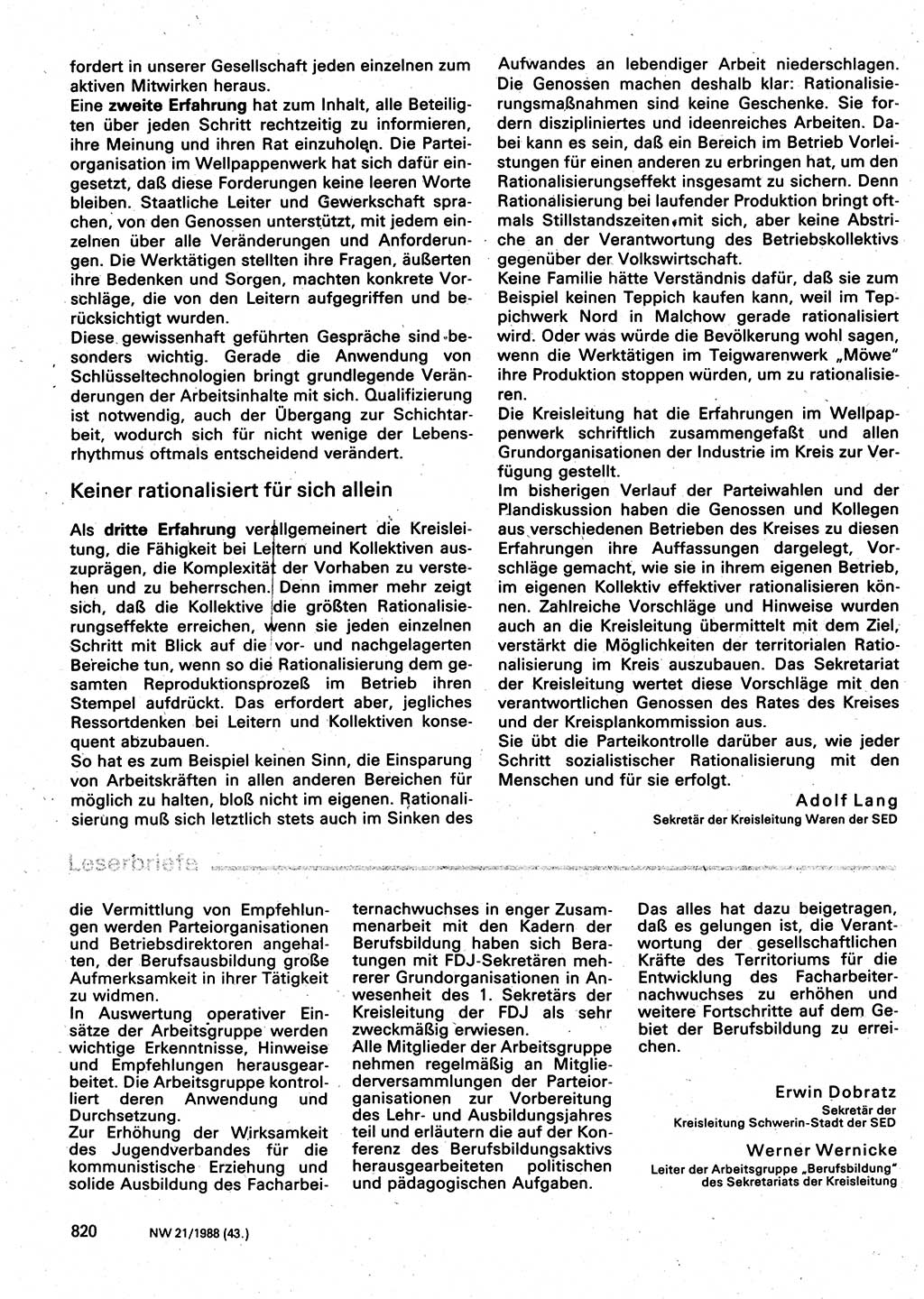 Neuer Weg (NW), Organ des Zentralkomitees (ZK) der SED (Sozialistische Einheitspartei Deutschlands) für Fragen des Parteilebens, 43. Jahrgang [Deutsche Demokratische Republik (DDR)] 1988, Seite 820 (NW ZK SED DDR 1988, S. 820)