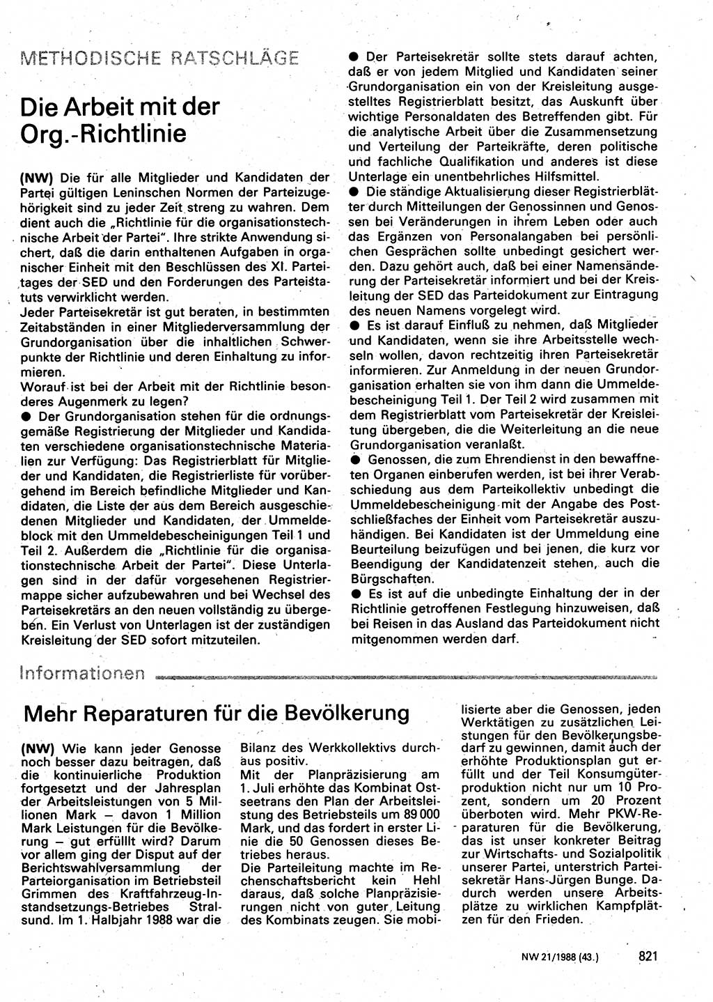 Neuer Weg (NW), Organ des Zentralkomitees (ZK) der SED (Sozialistische Einheitspartei Deutschlands) für Fragen des Parteilebens, 43. Jahrgang [Deutsche Demokratische Republik (DDR)] 1988, Seite 821 (NW ZK SED DDR 1988, S. 821)