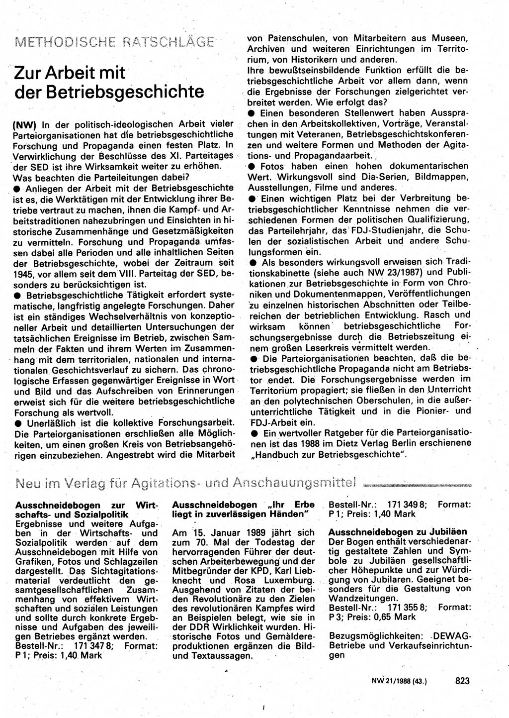 Neuer Weg (NW), Organ des Zentralkomitees (ZK) der SED (Sozialistische Einheitspartei Deutschlands) für Fragen des Parteilebens, 43. Jahrgang [Deutsche Demokratische Republik (DDR)] 1988, Seite 823 (NW ZK SED DDR 1988, S. 823)