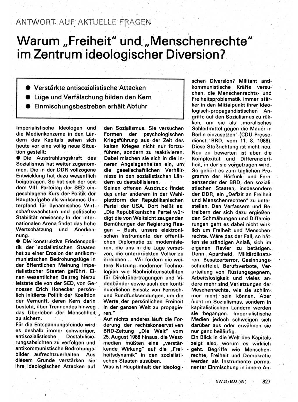 Neuer Weg (NW), Organ des Zentralkomitees (ZK) der SED (Sozialistische Einheitspartei Deutschlands) für Fragen des Parteilebens, 43. Jahrgang [Deutsche Demokratische Republik (DDR)] 1988, Seite 827 (NW ZK SED DDR 1988, S. 827)