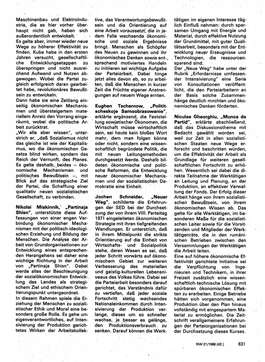 Neuer Weg (NW), Organ des Zentralkomitees (ZK) der SED (Sozialistische Einheitspartei Deutschlands) für Fragen des Parteilebens, 43. Jahrgang [Deutsche Demokratische Republik (DDR)] 1988, Seite 831 (NW ZK SED DDR 1988, S. 831)