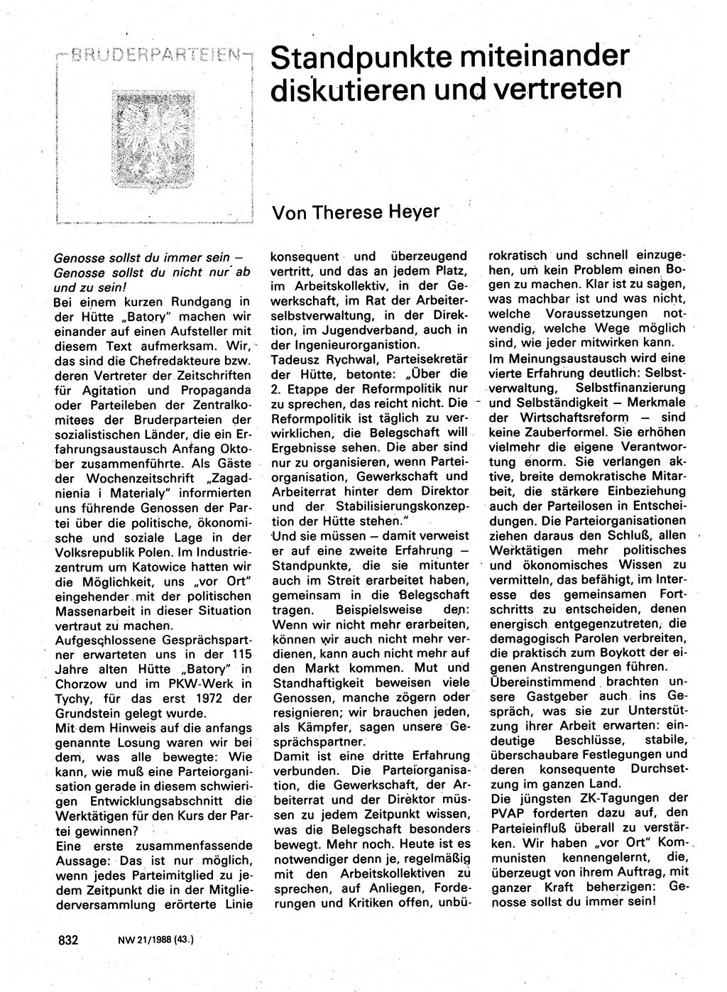 Neuer Weg (NW), Organ des Zentralkomitees (ZK) der SED (Sozialistische Einheitspartei Deutschlands) für Fragen des Parteilebens, 43. Jahrgang [Deutsche Demokratische Republik (DDR)] 1988, Seite 832 (NW ZK SED DDR 1988, S. 832)