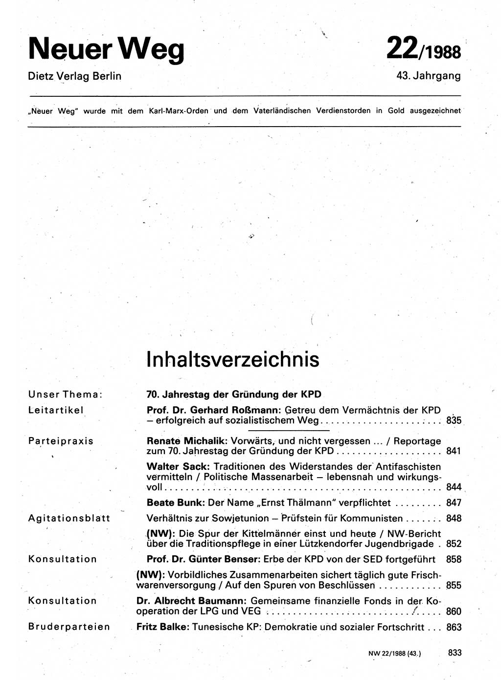 Neuer Weg (NW), Organ des Zentralkomitees (ZK) der SED (Sozialistische Einheitspartei Deutschlands) für Fragen des Parteilebens, 43. Jahrgang [Deutsche Demokratische Republik (DDR)] 1988, Seite 833 (NW ZK SED DDR 1988, S. 833)