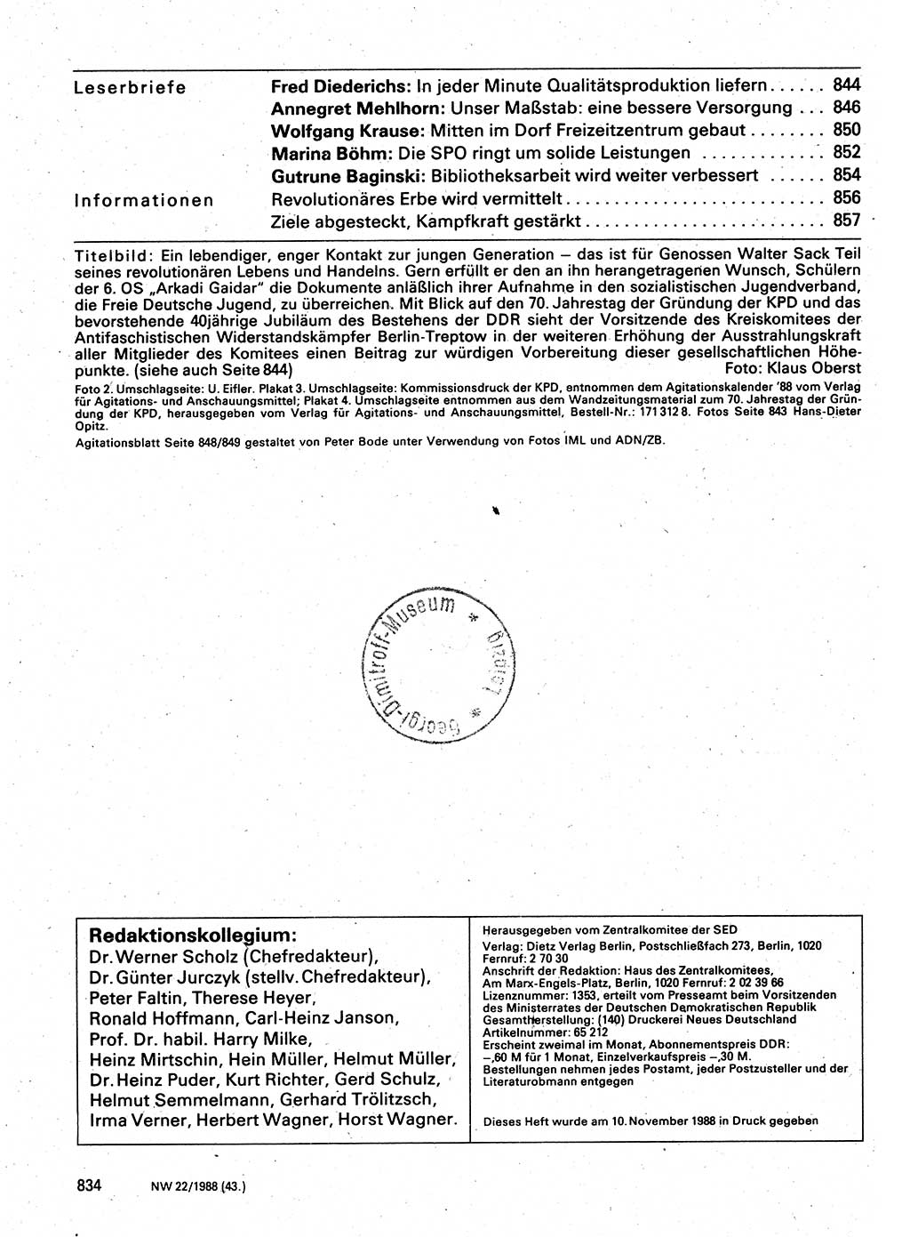Neuer Weg (NW), Organ des Zentralkomitees (ZK) der SED (Sozialistische Einheitspartei Deutschlands) für Fragen des Parteilebens, 43. Jahrgang [Deutsche Demokratische Republik (DDR)] 1988, Seite 834 (NW ZK SED DDR 1988, S. 834)