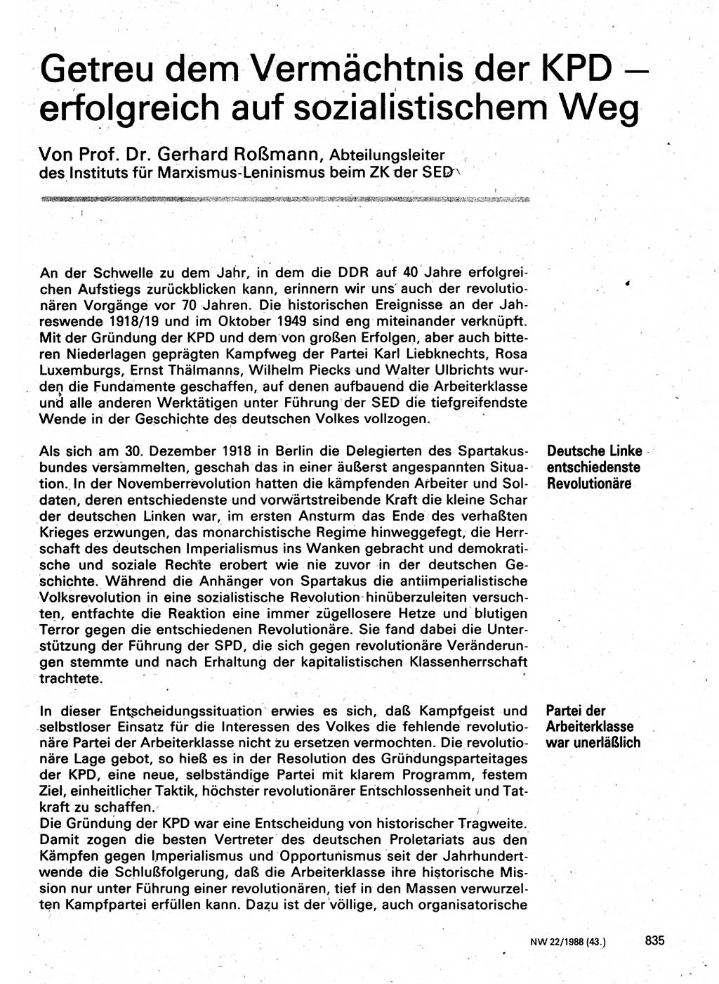Neuer Weg (NW), Organ des Zentralkomitees (ZK) der SED (Sozialistische Einheitspartei Deutschlands) für Fragen des Parteilebens, 43. Jahrgang [Deutsche Demokratische Republik (DDR)] 1988, Seite 835 (NW ZK SED DDR 1988, S. 835)