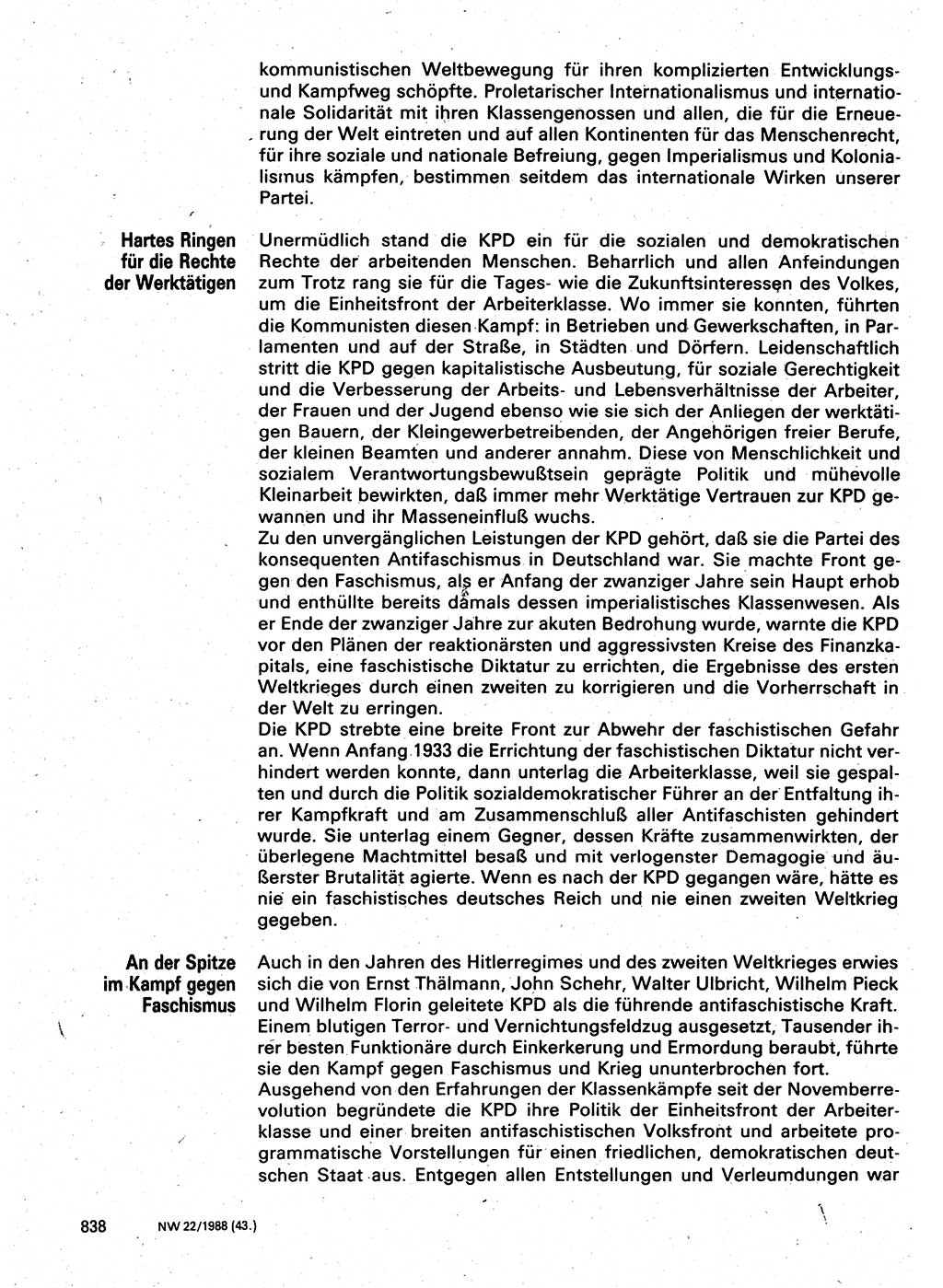 Neuer Weg (NW), Organ des Zentralkomitees (ZK) der SED (Sozialistische Einheitspartei Deutschlands) für Fragen des Parteilebens, 43. Jahrgang [Deutsche Demokratische Republik (DDR)] 1988, Seite 838 (NW ZK SED DDR 1988, S. 838)