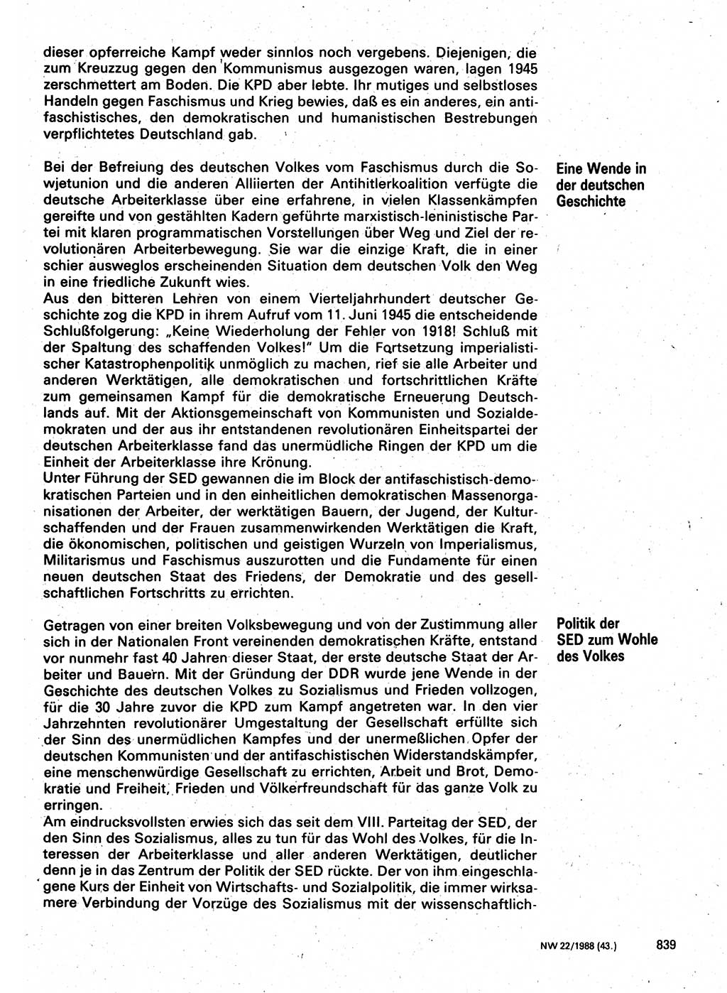 Neuer Weg (NW), Organ des Zentralkomitees (ZK) der SED (Sozialistische Einheitspartei Deutschlands) für Fragen des Parteilebens, 43. Jahrgang [Deutsche Demokratische Republik (DDR)] 1988, Seite 839 (NW ZK SED DDR 1988, S. 839)