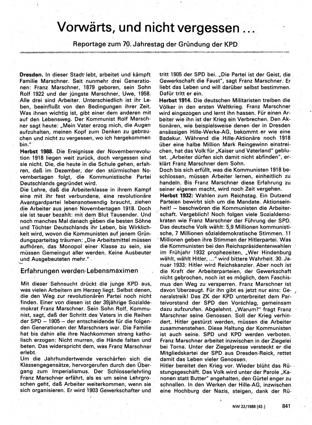 Neuer Weg (NW), Organ des Zentralkomitees (ZK) der SED (Sozialistische Einheitspartei Deutschlands) für Fragen des Parteilebens, 43. Jahrgang [Deutsche Demokratische Republik (DDR)] 1988, Seite 841 (NW ZK SED DDR 1988, S. 841)