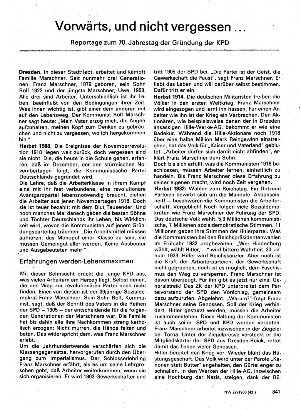 Neuer Weg (NW), Organ des Zentralkomitees (ZK) der SED (Sozialistische Einheitspartei Deutschlands) für Fragen des Parteilebens, 43. Jahrgang [Deutsche Demokratische Republik (DDR)] 1988, Seite 841 (NW ZK SED DDR 1988, S. 841)