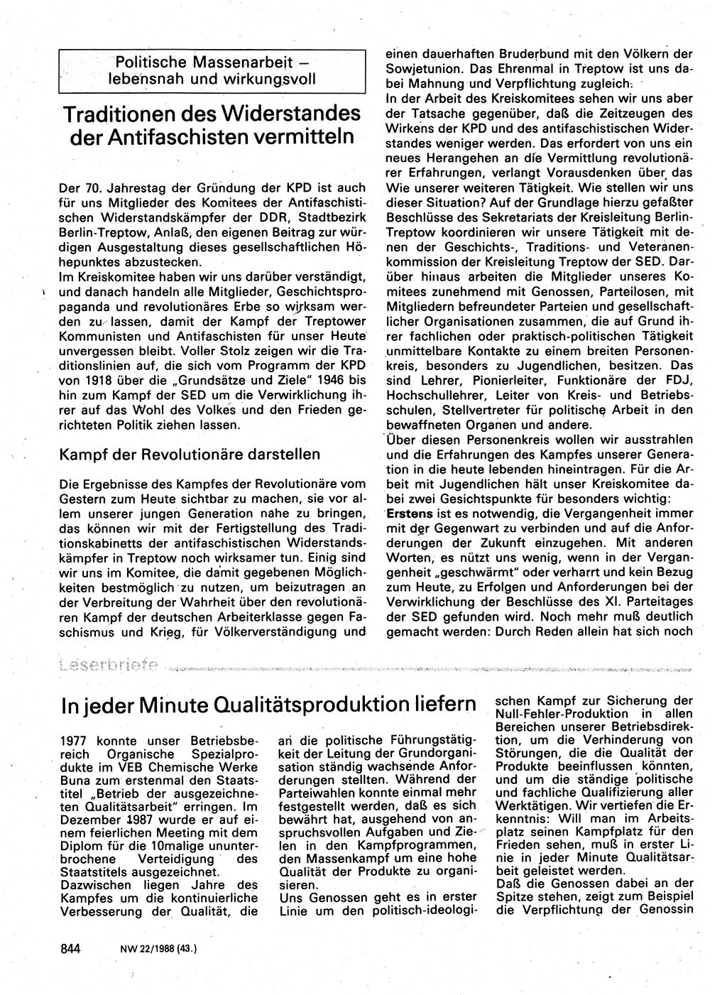 Neuer Weg (NW), Organ des Zentralkomitees (ZK) der SED (Sozialistische Einheitspartei Deutschlands) für Fragen des Parteilebens, 43. Jahrgang [Deutsche Demokratische Republik (DDR)] 1988, Seite 844 (NW ZK SED DDR 1988, S. 844)