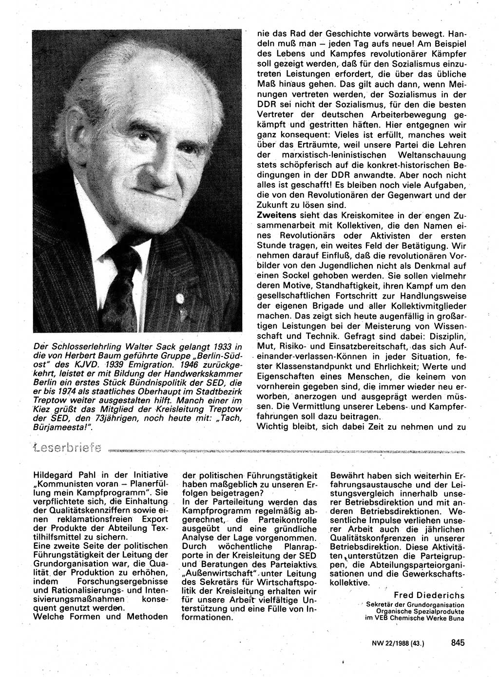 Neuer Weg (NW), Organ des Zentralkomitees (ZK) der SED (Sozialistische Einheitspartei Deutschlands) für Fragen des Parteilebens, 43. Jahrgang [Deutsche Demokratische Republik (DDR)] 1988, Seite 845 (NW ZK SED DDR 1988, S. 845)