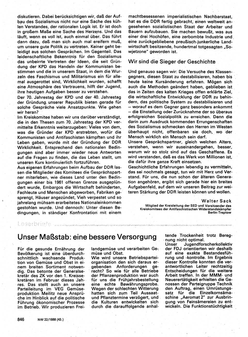 Neuer Weg (NW), Organ des Zentralkomitees (ZK) der SED (Sozialistische Einheitspartei Deutschlands) für Fragen des Parteilebens, 43. Jahrgang [Deutsche Demokratische Republik (DDR)] 1988, Seite 846 (NW ZK SED DDR 1988, S. 846)