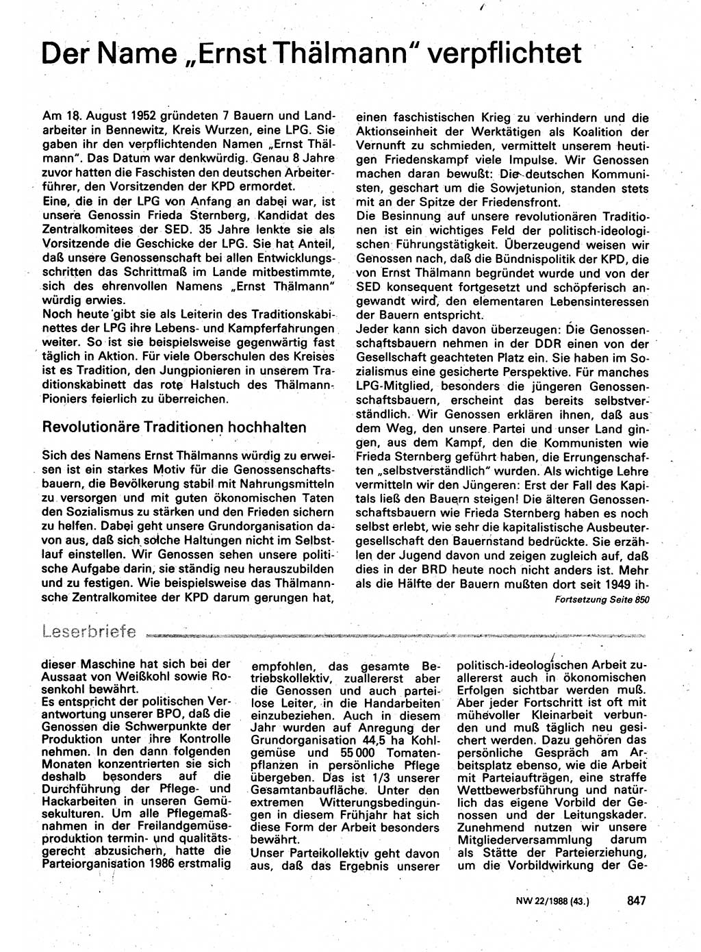 Neuer Weg (NW), Organ des Zentralkomitees (ZK) der SED (Sozialistische Einheitspartei Deutschlands) für Fragen des Parteilebens, 43. Jahrgang [Deutsche Demokratische Republik (DDR)] 1988, Seite 847 (NW ZK SED DDR 1988, S. 847)