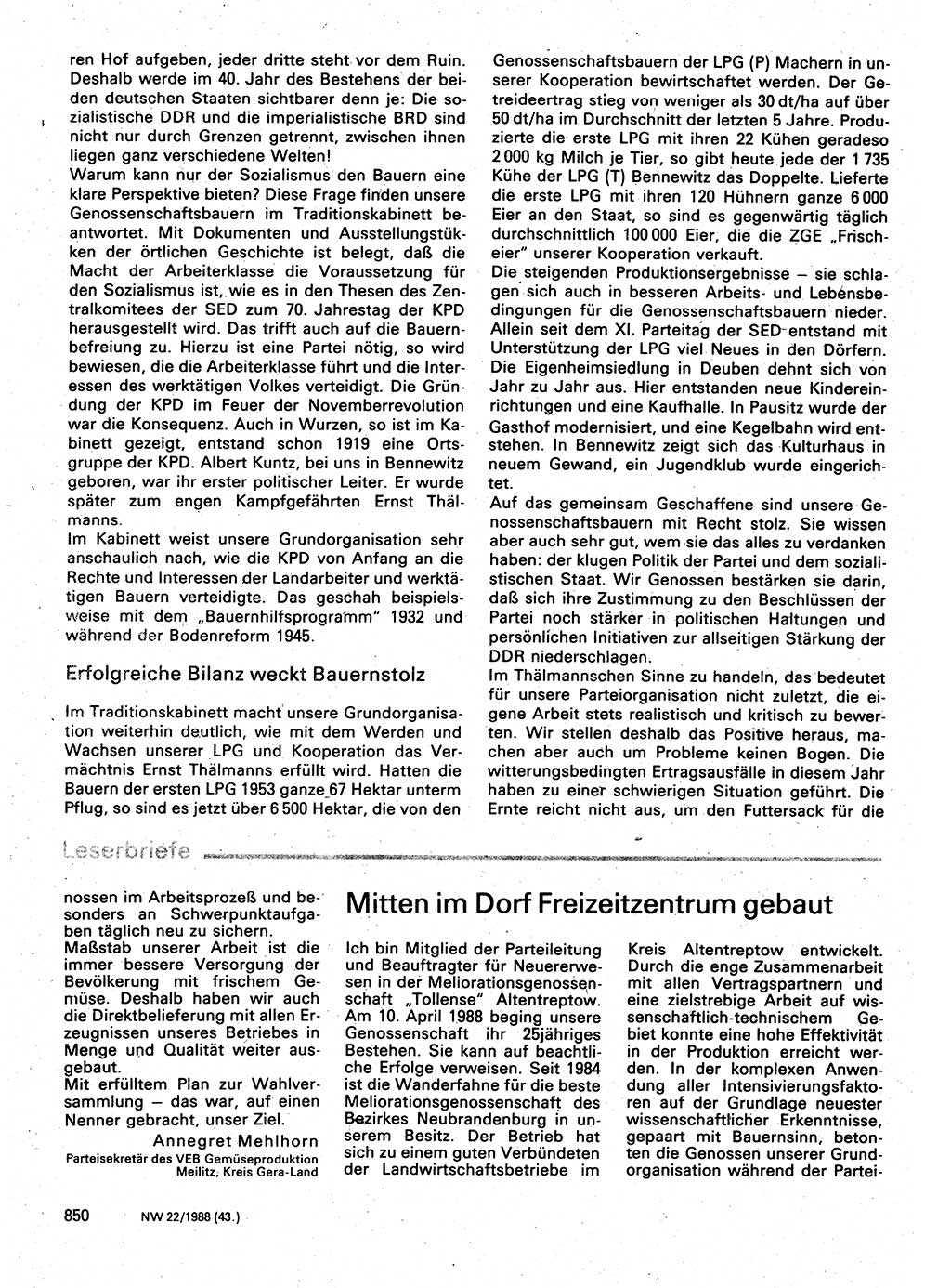 Neuer Weg (NW), Organ des Zentralkomitees (ZK) der SED (Sozialistische Einheitspartei Deutschlands) für Fragen des Parteilebens, 43. Jahrgang [Deutsche Demokratische Republik (DDR)] 1988, Seite 850 (NW ZK SED DDR 1988, S. 850)