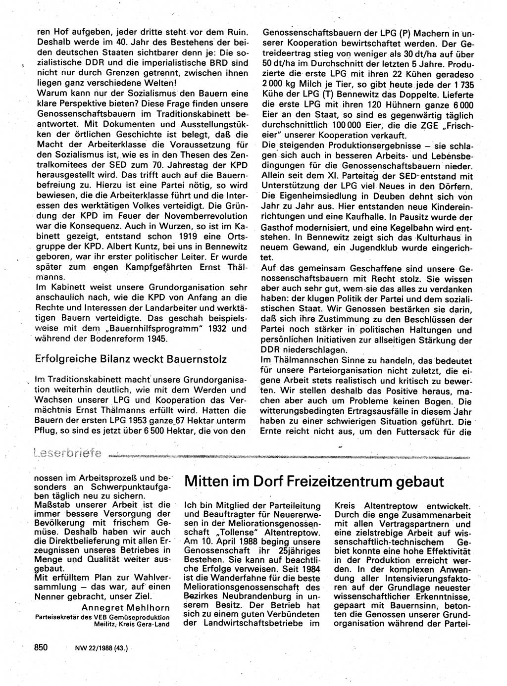 Neuer Weg (NW), Organ des Zentralkomitees (ZK) der SED (Sozialistische Einheitspartei Deutschlands) für Fragen des Parteilebens, 43. Jahrgang [Deutsche Demokratische Republik (DDR)] 1988, Seite 850 (NW ZK SED DDR 1988, S. 850)