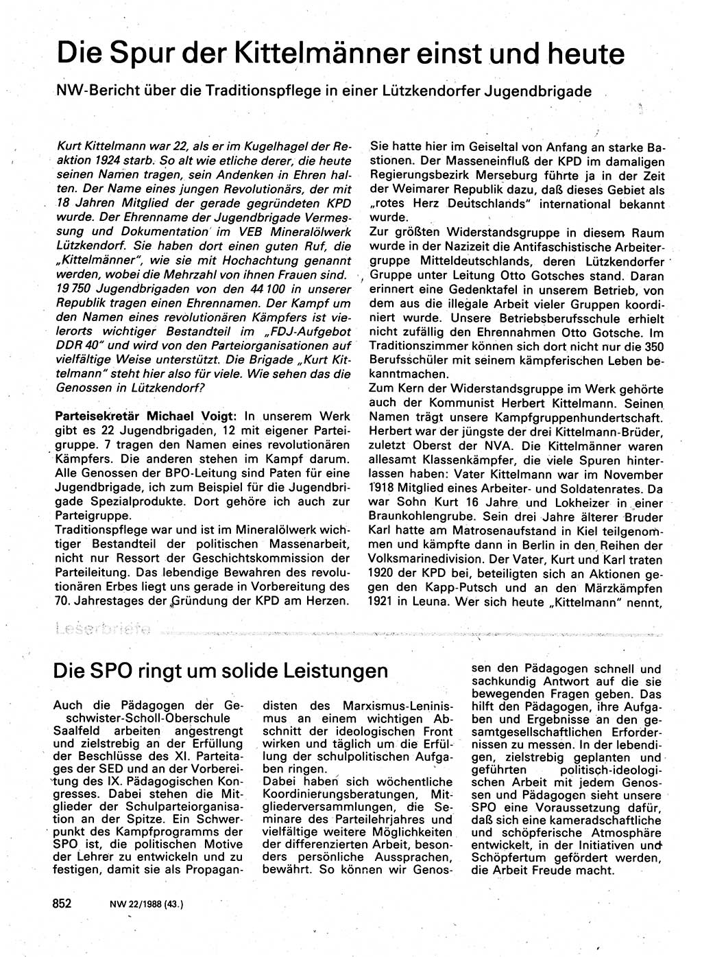 Neuer Weg (NW), Organ des Zentralkomitees (ZK) der SED (Sozialistische Einheitspartei Deutschlands) für Fragen des Parteilebens, 43. Jahrgang [Deutsche Demokratische Republik (DDR)] 1988, Seite 852 (NW ZK SED DDR 1988, S. 852)