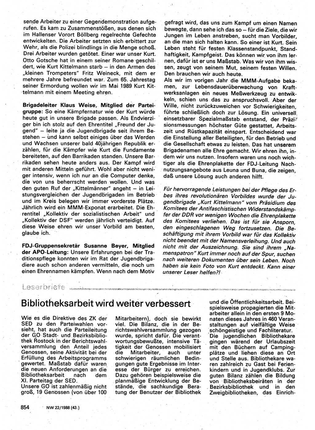 Neuer Weg (NW), Organ des Zentralkomitees (ZK) der SED (Sozialistische Einheitspartei Deutschlands) für Fragen des Parteilebens, 43. Jahrgang [Deutsche Demokratische Republik (DDR)] 1988, Seite 854 (NW ZK SED DDR 1988, S. 854)