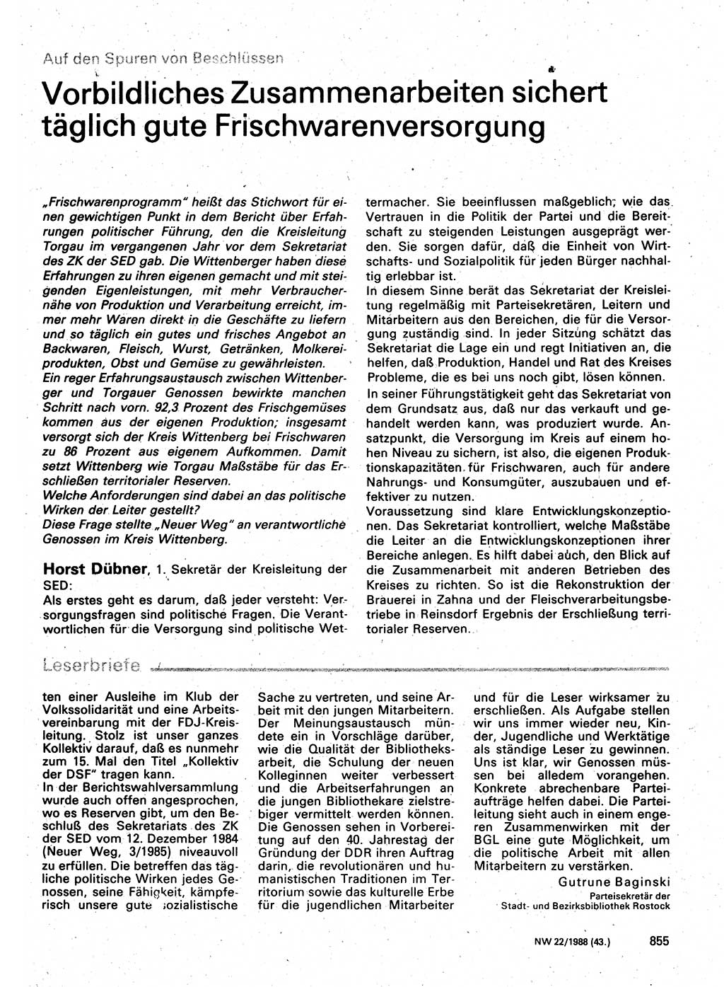 Neuer Weg (NW), Organ des Zentralkomitees (ZK) der SED (Sozialistische Einheitspartei Deutschlands) für Fragen des Parteilebens, 43. Jahrgang [Deutsche Demokratische Republik (DDR)] 1988, Seite 855 (NW ZK SED DDR 1988, S. 855)