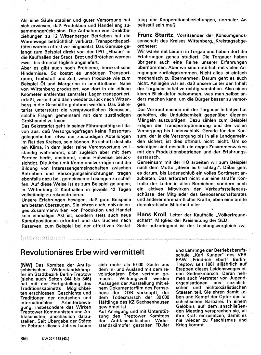 Neuer Weg (NW), Organ des Zentralkomitees (ZK) der SED (Sozialistische Einheitspartei Deutschlands) für Fragen des Parteilebens, 43. Jahrgang [Deutsche Demokratische Republik (DDR)] 1988, Seite 856 (NW ZK SED DDR 1988, S. 856)