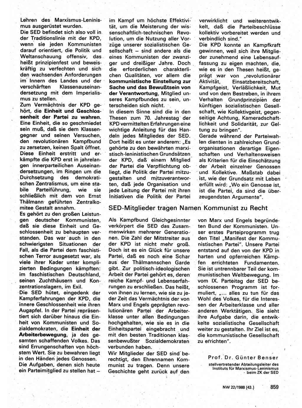 Neuer Weg (NW), Organ des Zentralkomitees (ZK) der SED (Sozialistische Einheitspartei Deutschlands) für Fragen des Parteilebens, 43. Jahrgang [Deutsche Demokratische Republik (DDR)] 1988, Seite 859 (NW ZK SED DDR 1988, S. 859)