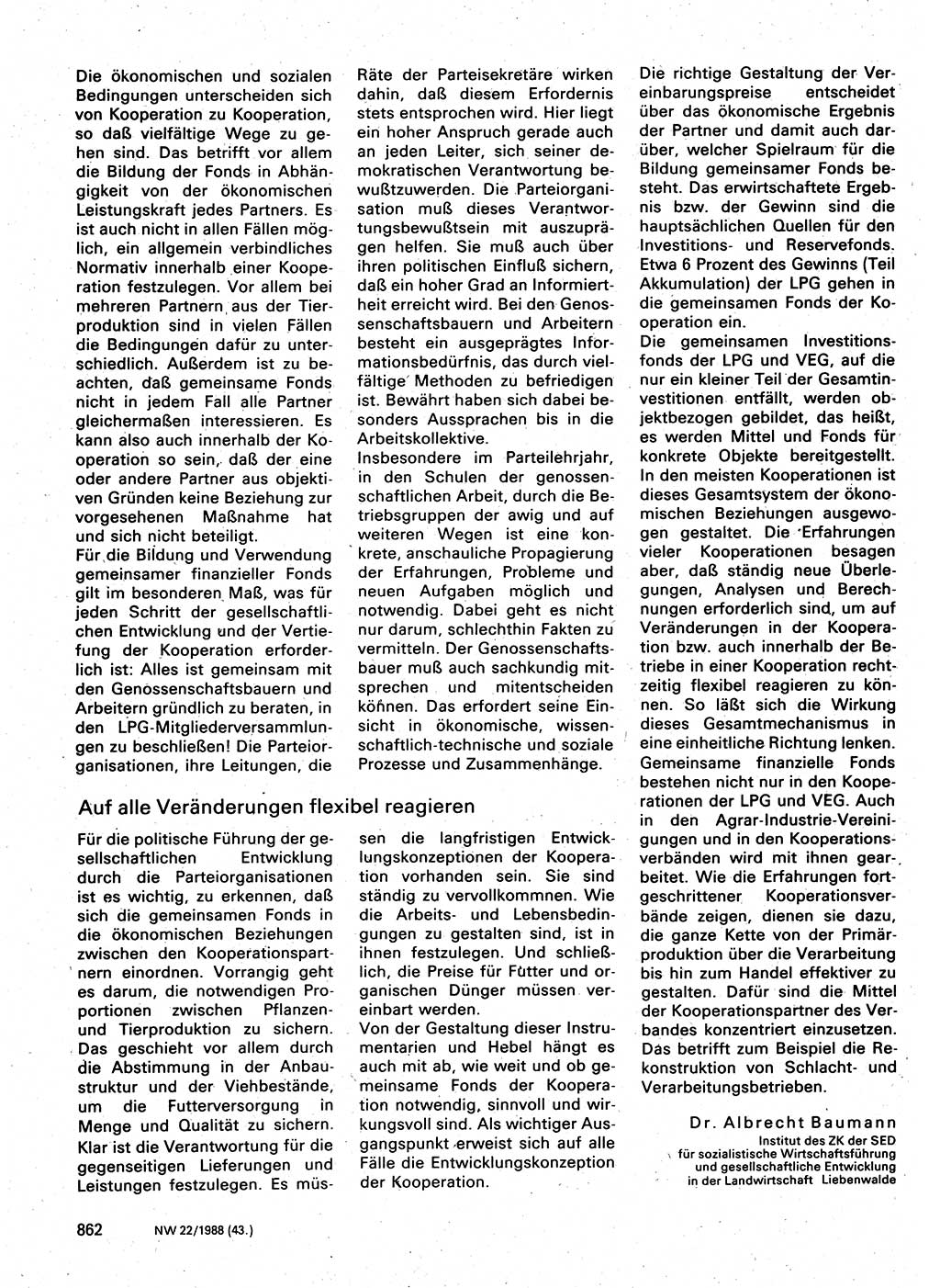 Neuer Weg (NW), Organ des Zentralkomitees (ZK) der SED (Sozialistische Einheitspartei Deutschlands) fÃ¼r Fragen des Parteilebens, 43. Jahrgang [Deutsche Demokratische Republik (DDR)] 1988, Seite 862 (NW ZK SED DDR 1988, S. 862)